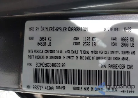 2004 Chrysler Concorde Limited z USA, uszkodzony, nr VIN 2C3HD56G94H699109